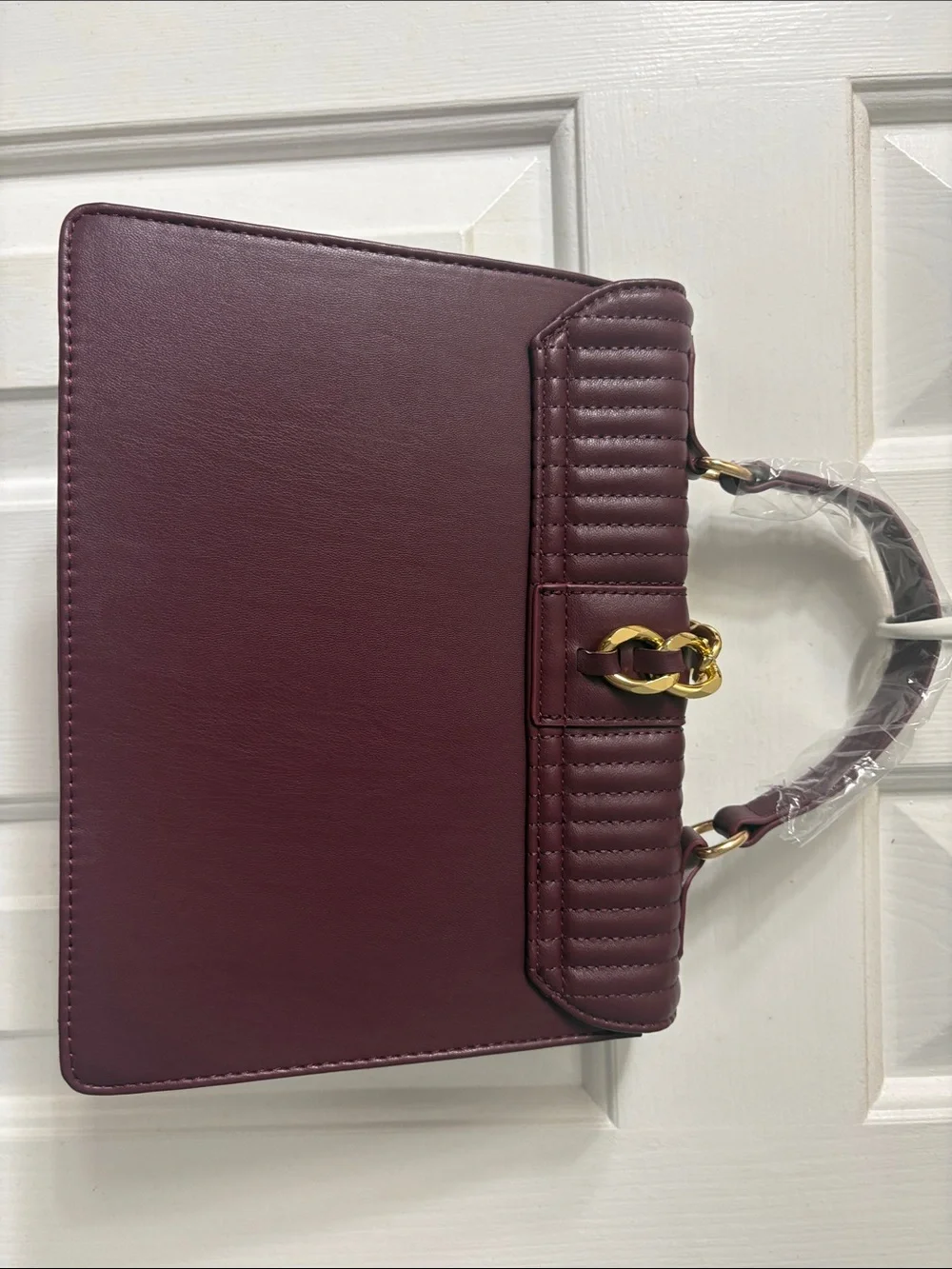 Quilted Burgundy Top-Handle Satchel with Gold Chain Accent